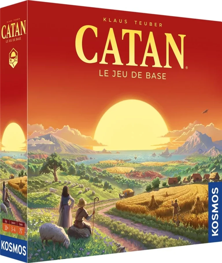 catan Boîte du jeu Catan avec paysage idyllique et coucher soleil