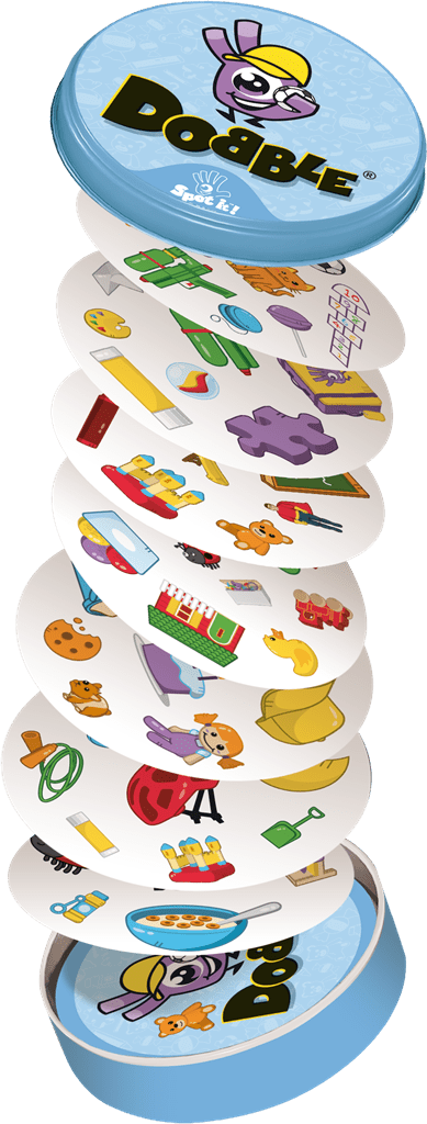 Boîte jeu Dobble avec cartes illustrées empilées
