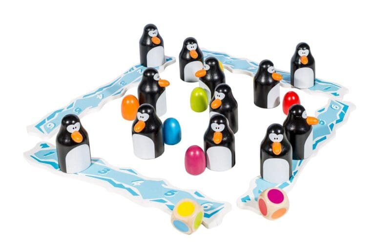 Jeu de société avec pingouins et œufs colorés.