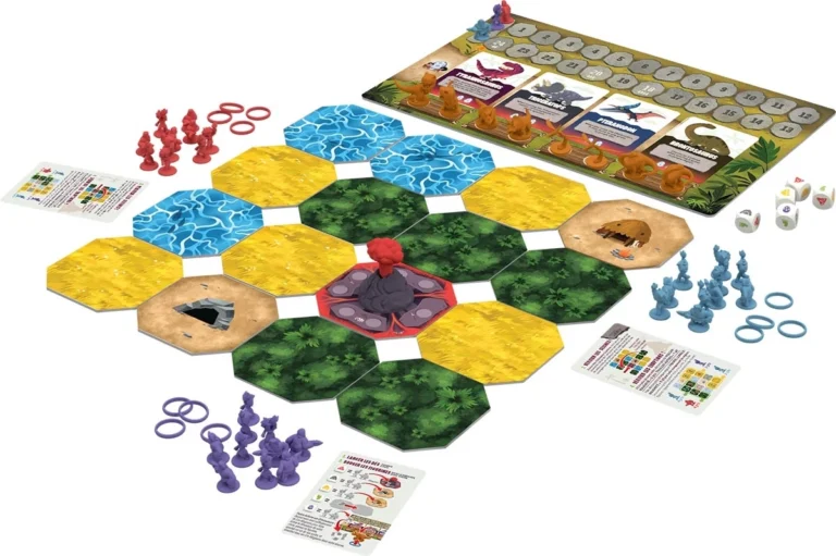 Jeu de société avec tuiles et figurines colorées.