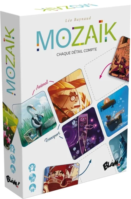Boîte du jeu Mozaik avec illustrations colorées