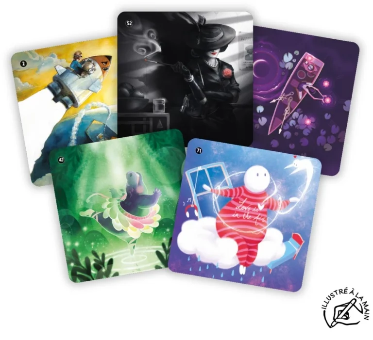 Cinq cartes illustrées colorées style fantastique