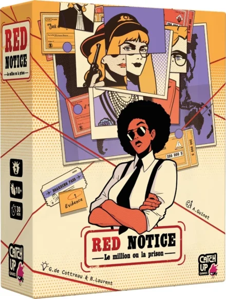 Boîte du jeu Red Notice illustrée style rétro