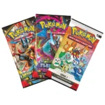 Trois boosters de cartes Pokémon colorés