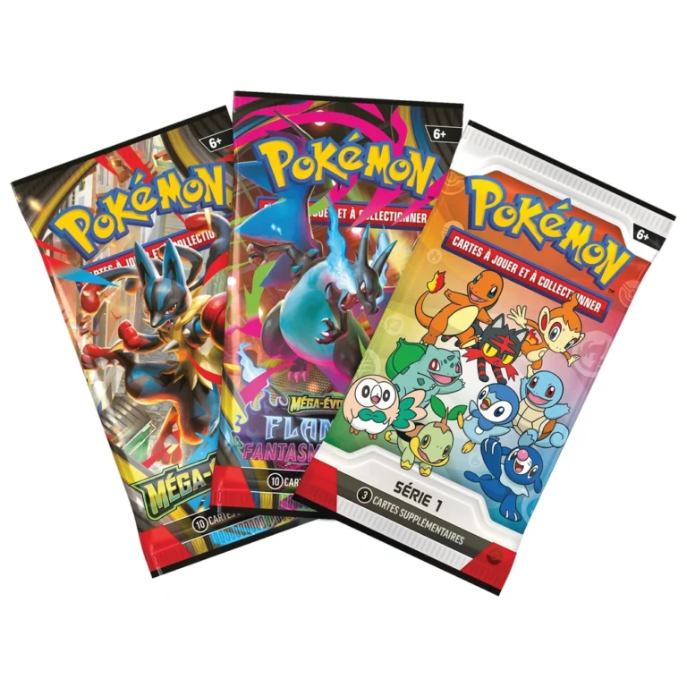 Trois boosters de cartes Pokémon colorés