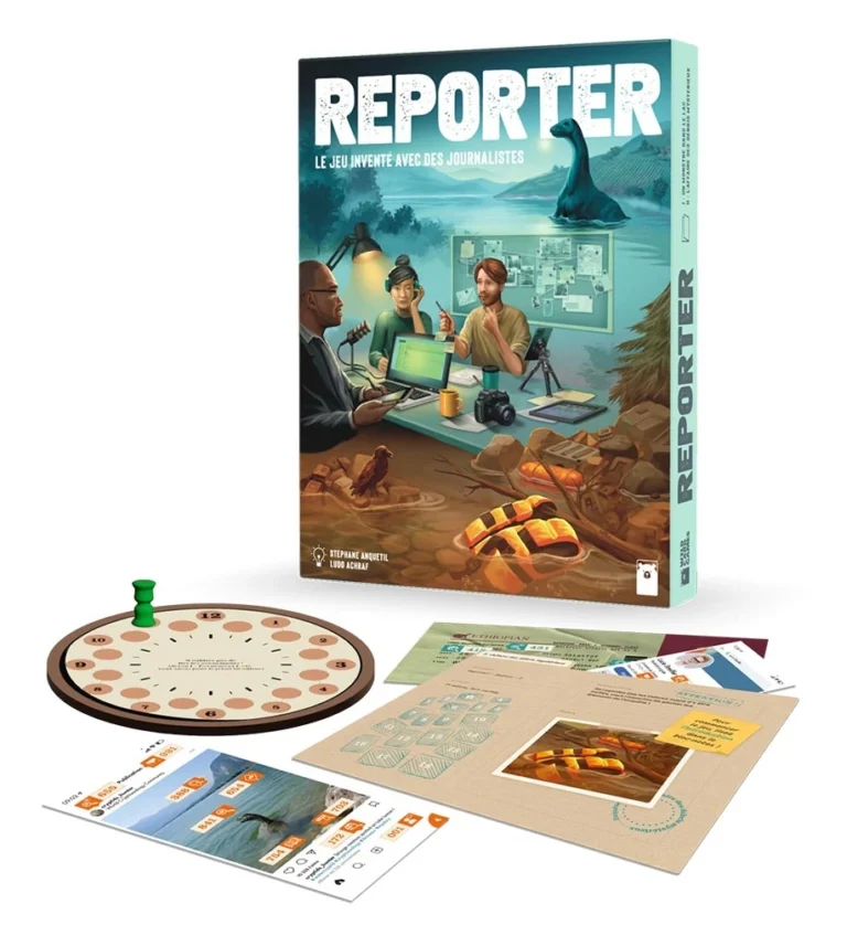 Boîte et éléments du jeu de société Reporter