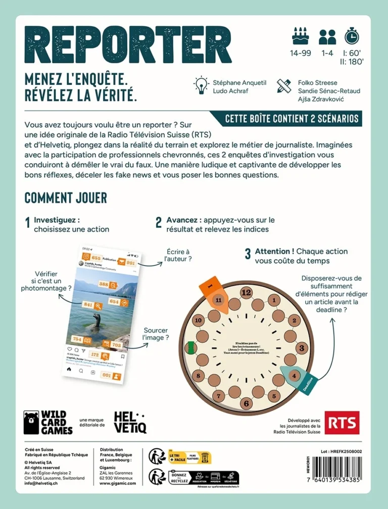 Dos de boîte du jeu Reporter enquête