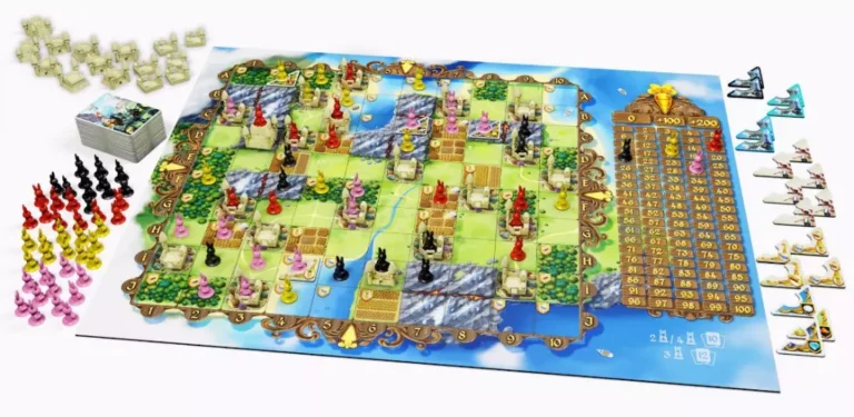 Plateau de jeu coloré avec pions et cartes