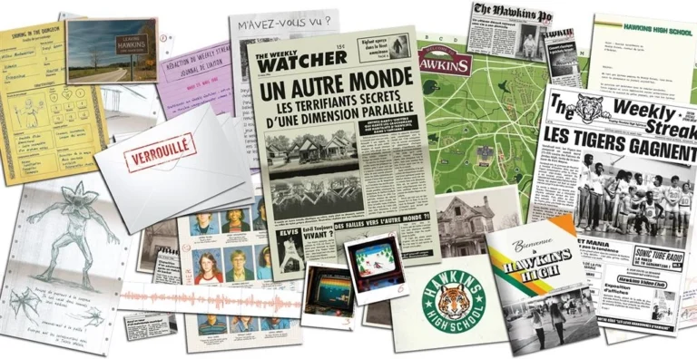 Collage journaux, cartes et documents Hawkins mystérieux
