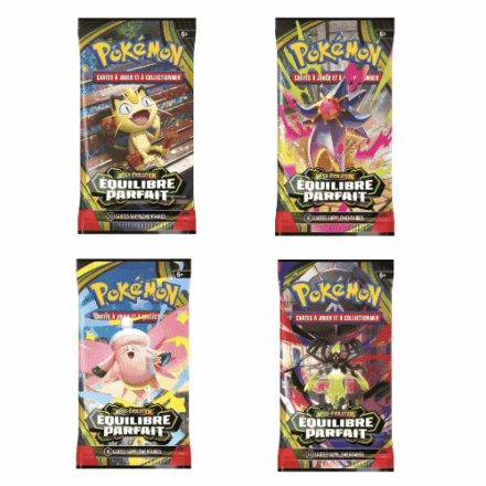 Quatre boosters Pokémon Équilibre Parfait illustrés