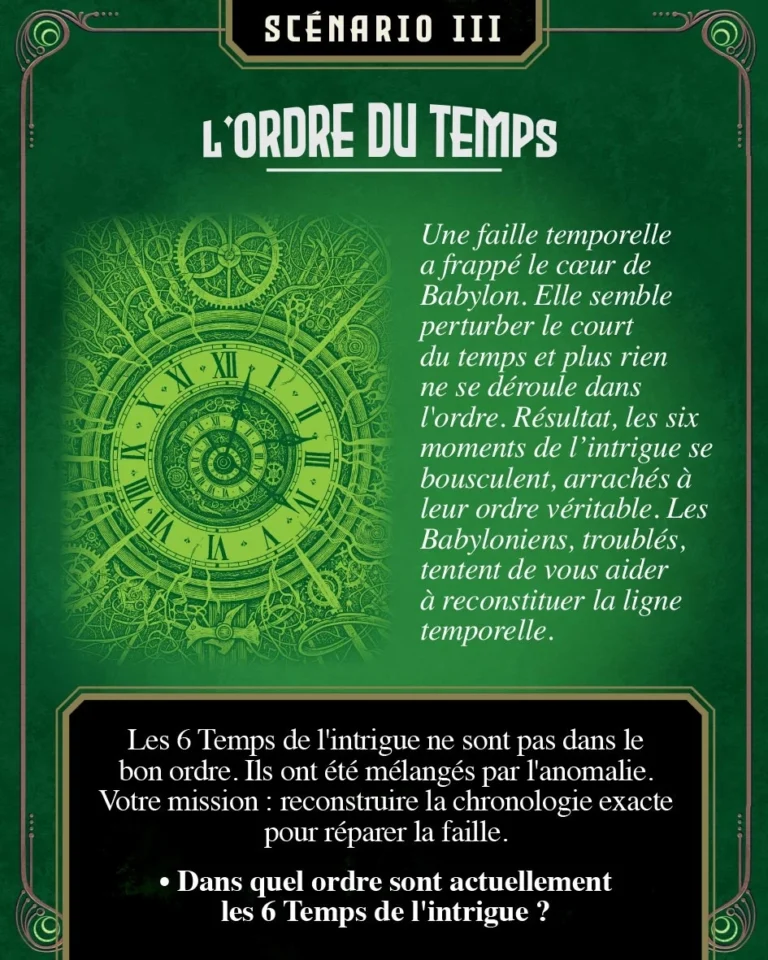 Affiche verte scénario L’Ordre du Temps horloge ancienne