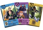 Trois cartes de jeu colorées avec personnages illustrés
