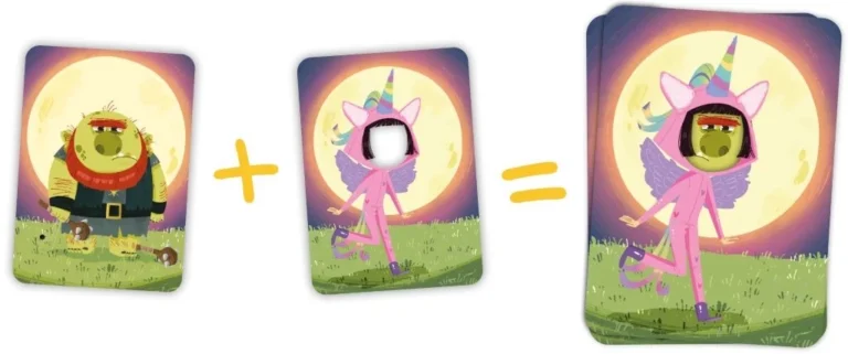 Équation cartoon ogre plus licorne égale hybride