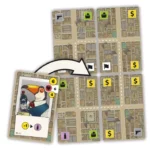 Plateau de jeu urbain avec carte personnage toucan