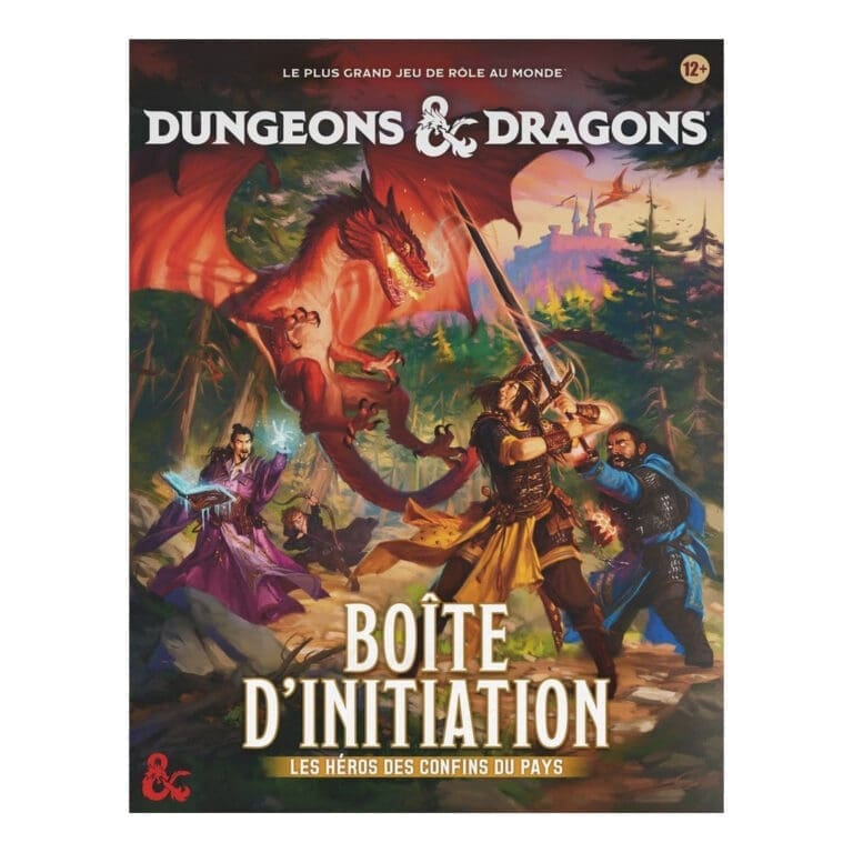 Dragon rouge affrontant des aventuriers en forêt