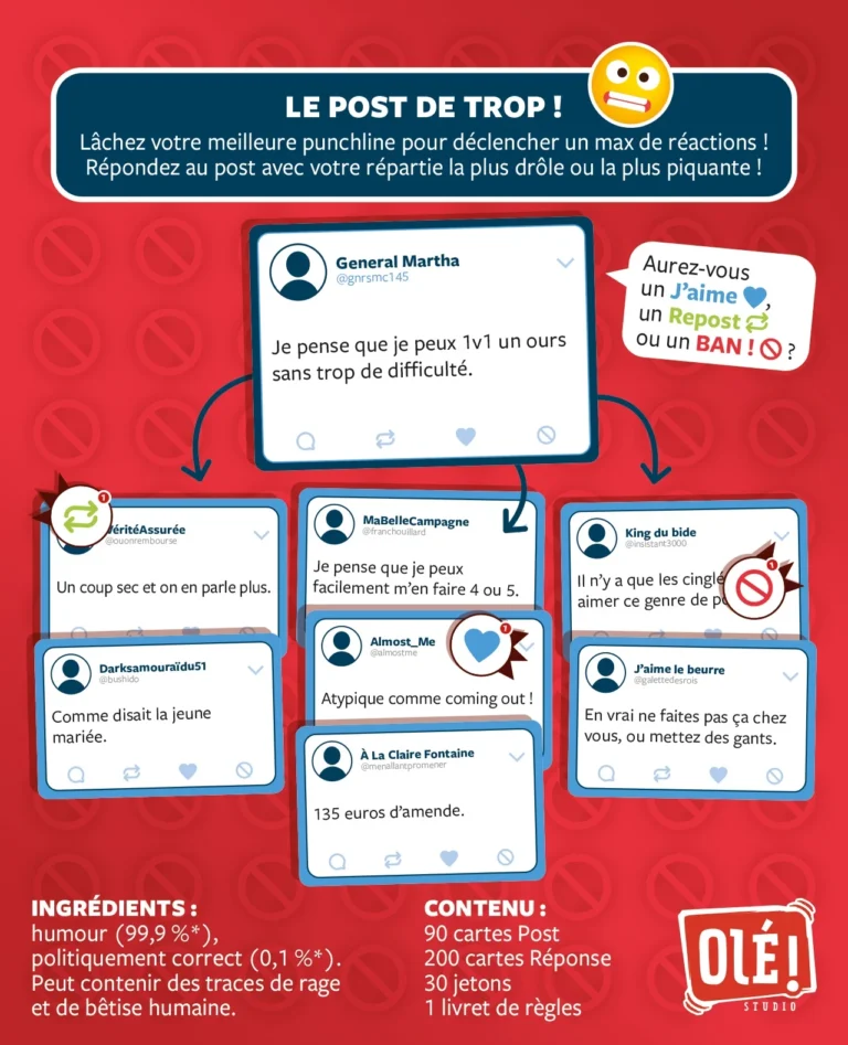Jeu de cartes humoristique français LE POST DE TROP avec réactions sociales