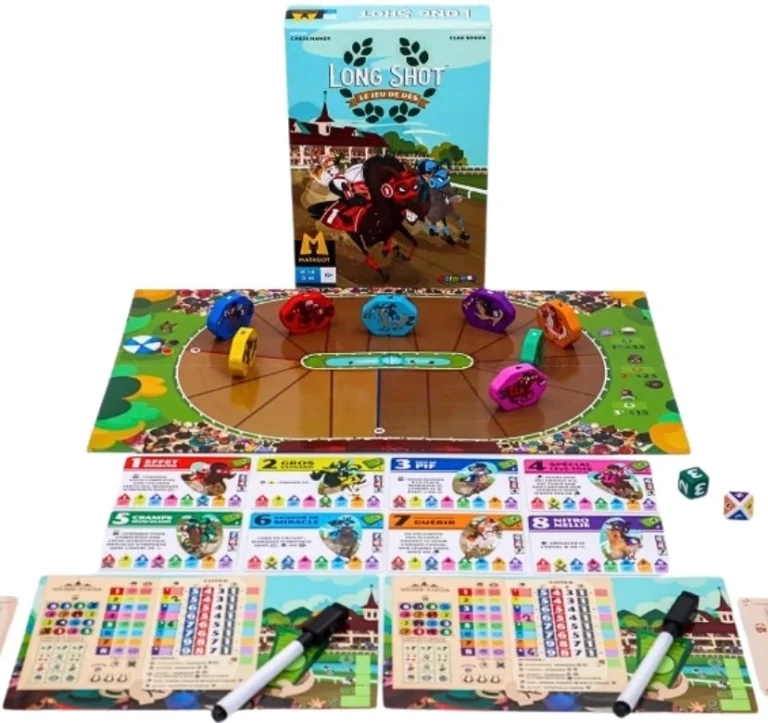 Jeu de société Long Shot avec plateau hippodrome coloré