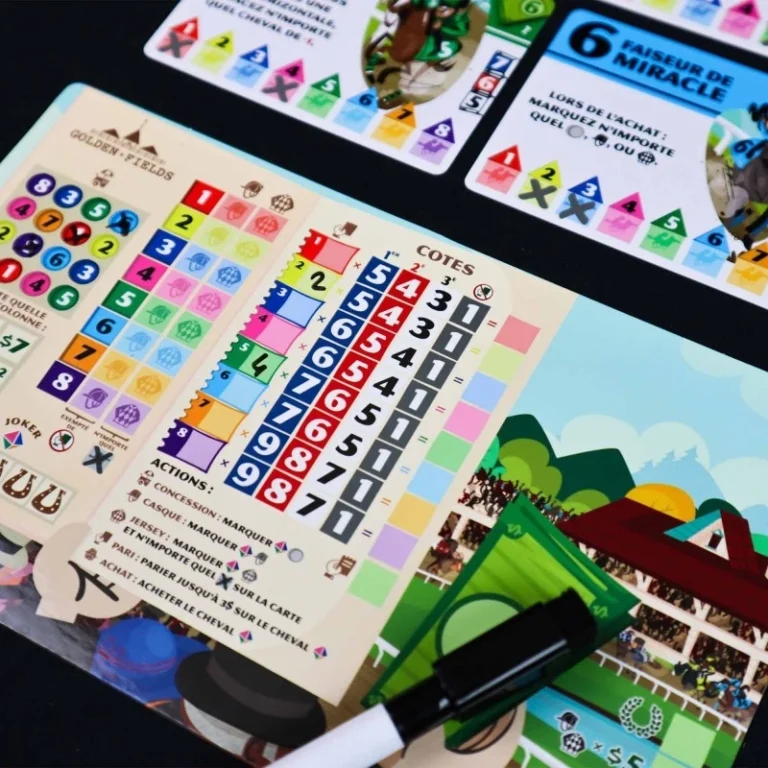 Plateau de jeu de société avec grille colorée et cartes