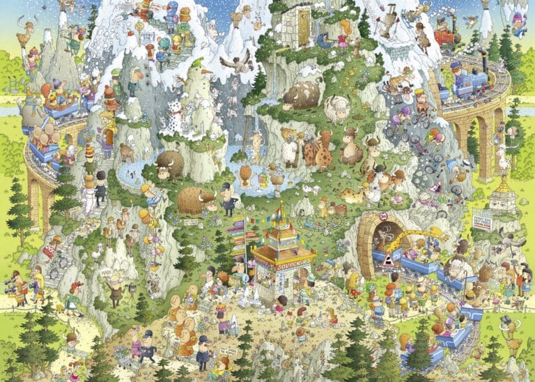 Illustration de paysage montagneux avec centaines de personnages cachés