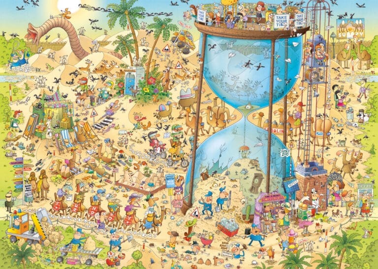 Illustration d'une plage bondée avec des centaines de personnages et d'activités colorées