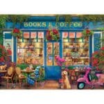 Devanture bleue de café-librairie avec fleurs rouges