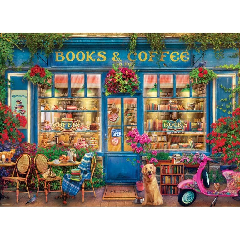 Devanture bleue de café-librairie avec fleurs rouges