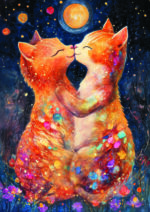 Deux chats cosmiques rouges s'embrassant sous la lune