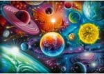 Univers coloré avec planètes, soleil et galaxies spirales