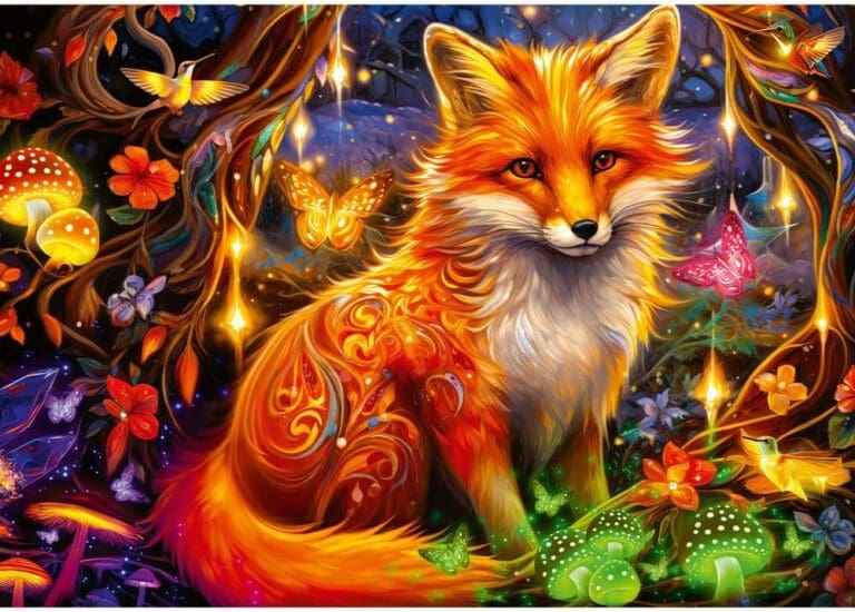 Renard magique luminescent entouré de fleurs et papillons