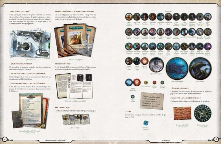 Composants du jeu de rôle Horreur à Arkham avec fiches et jetons