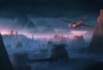 Avion survole paysage désertique futuriste avec ruines
