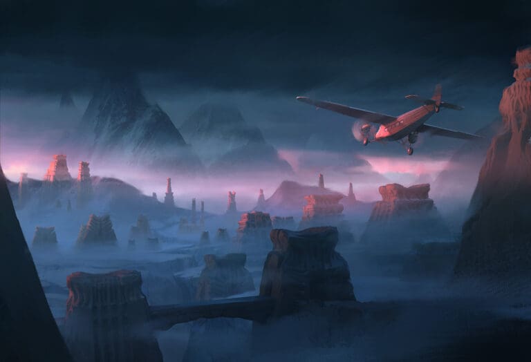 Avion survole paysage désertique futuriste avec ruines
