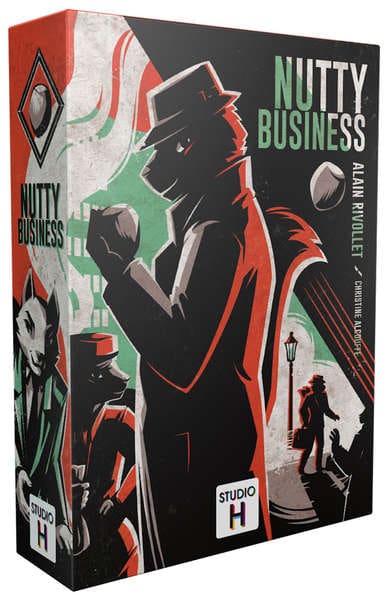 Boîte de jeu Nutty Business avec illustration rétro stylisée