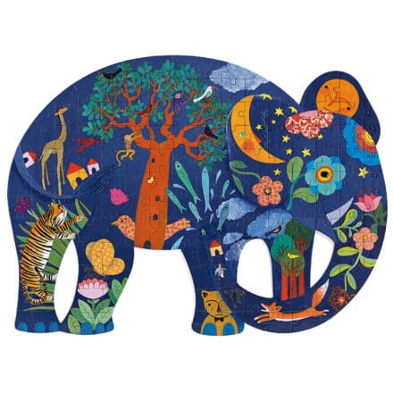 Puzzle éléphant coloré avec animaux et nature stylisés