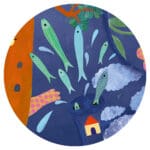 Illustration whimsique de poissons colorés et maisons flottantes