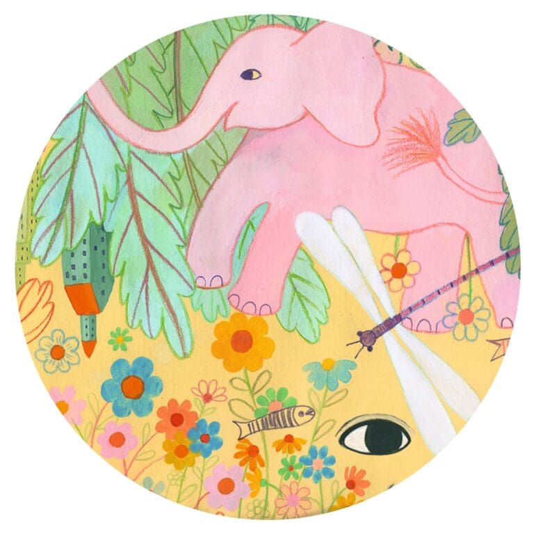 Éléphant rose avec fleurs colorées et libellule