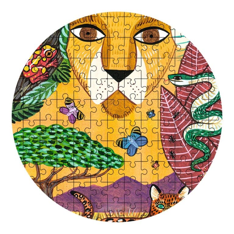 Puzzle lion rond avec nature colorée et insectes