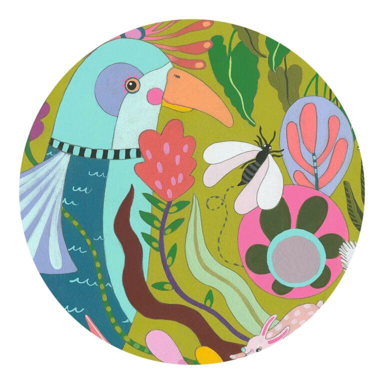 Illustration colorée oiseau, abeille et fleurs stylisées