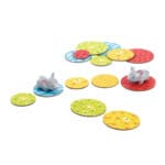 Jeu enfant avec lapin gris et disques colorés motifs