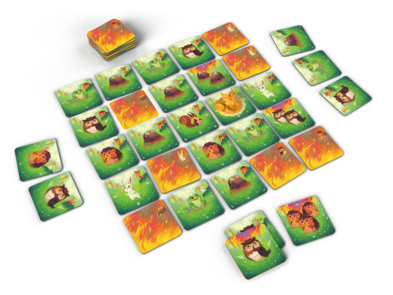 Jeu de mémoire enfants avec animaux et feu colorés
