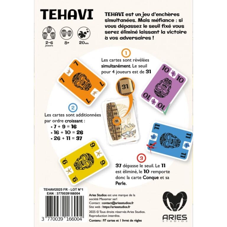 Jeu de cartes TEHAVI avec règles et cartes colorées
