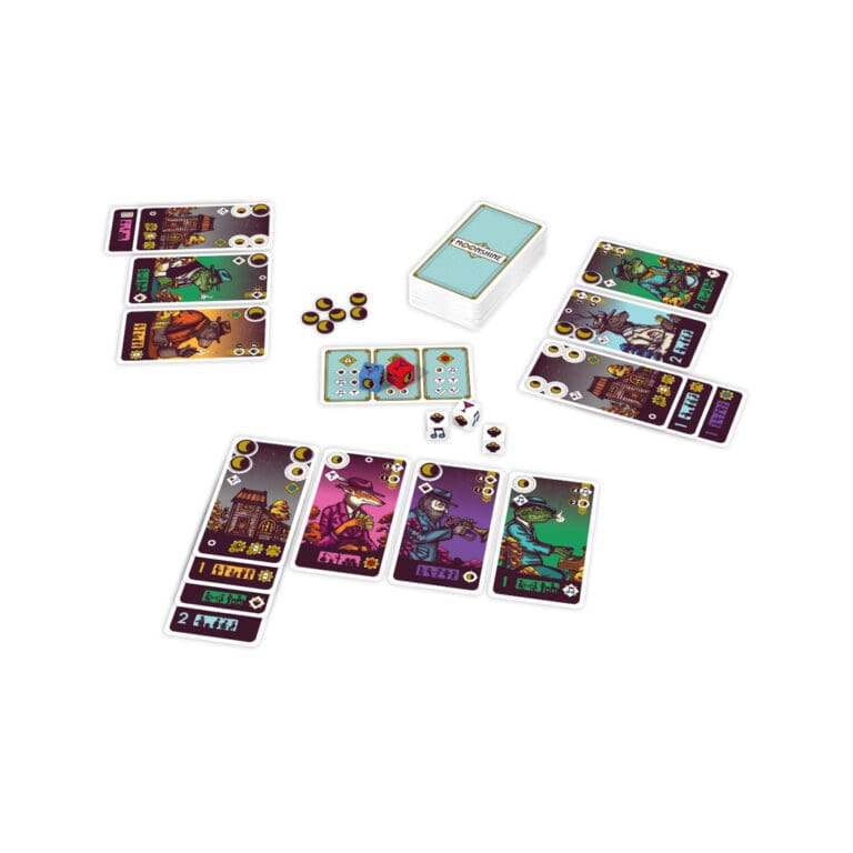 Jeu de société avec cartes colorées, dés et jetons