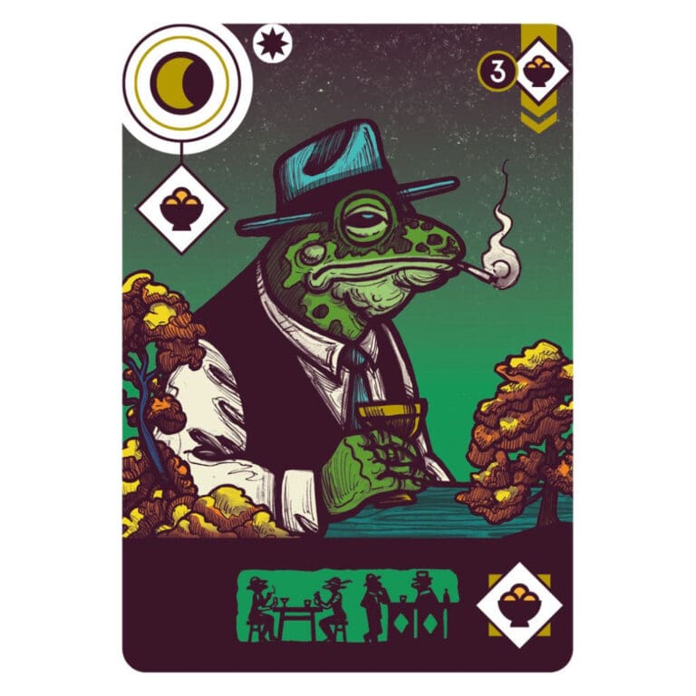 Crapaud anthropomorphe vêtu fumant une pipe, carte de jeu