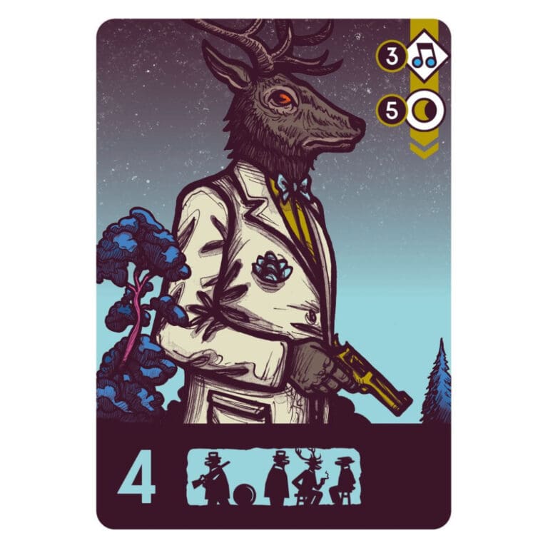 Carte de jeu avec cerf anthropomorphe et silhouettes de personnages