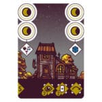 Maison hantée avec quatre yeux jaunes et symboles mystiques