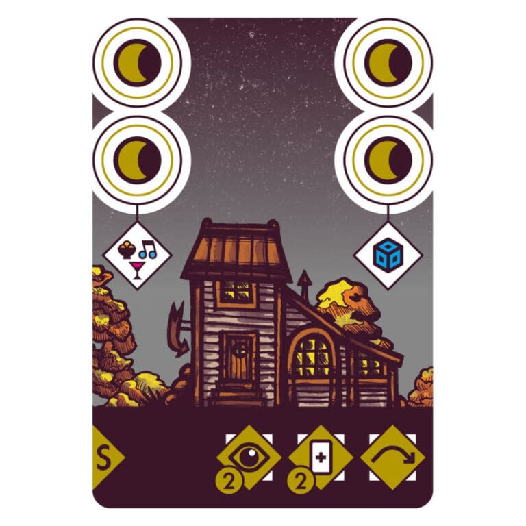 Maison hantée avec quatre yeux jaunes et symboles mystiques