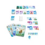 Composants du jeu de société avec cartes animaux et plateau