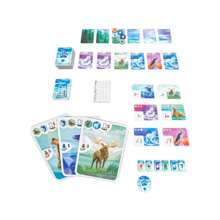 Composants du jeu de société avec cartes animaux et plateau