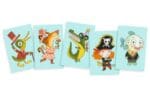 Cinq illustrations colorées de personnages amusants sur cartes bleues