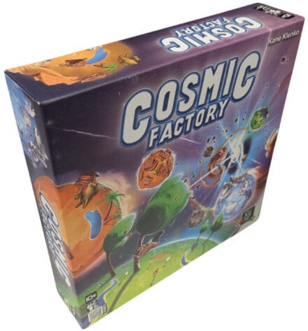 Boîte du jeu de société Cosmic Factory avec illustrations spatiales